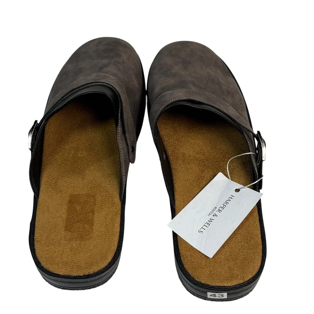 Harper & Wells Boston Mens Clogs Mules Dark Taupe Brown Buckle Size 43 NEW